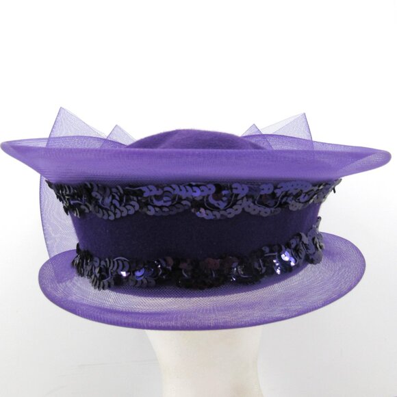 Ladies Purple 100% Wool Felt Church Hat with Tulle and Sequins WPL4884 - Picture 5 of 10